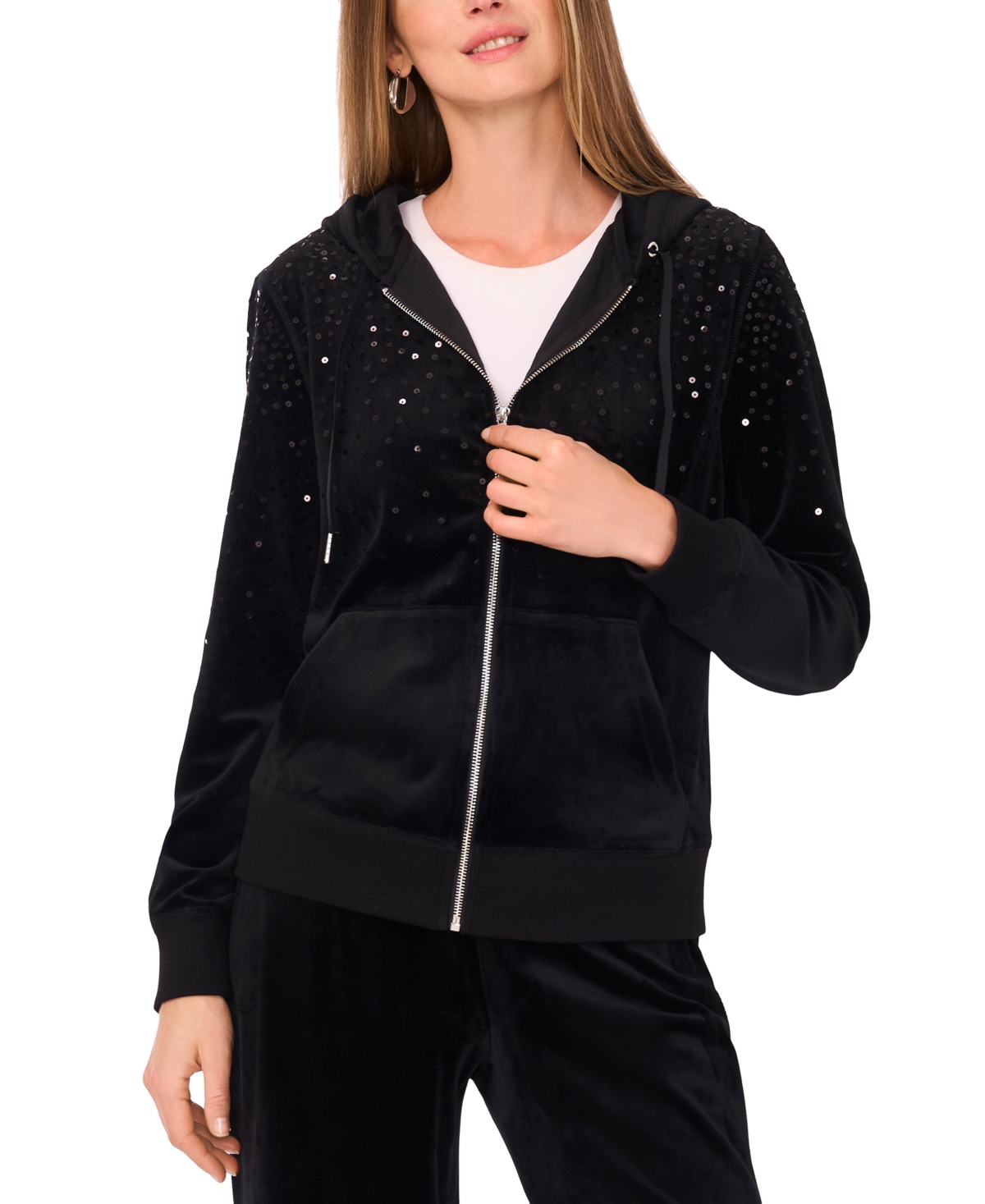 Vince Camuto Plus Size Velour Zip-front Hoodie Jacket In Black