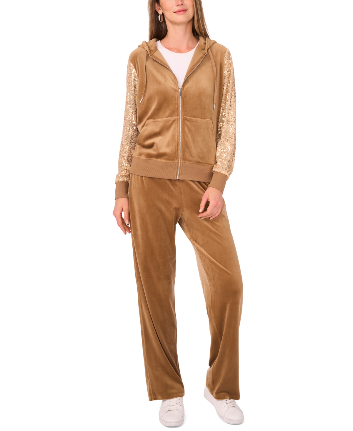 Vince Camuto Sequin Sleeve Hoodie In Brown