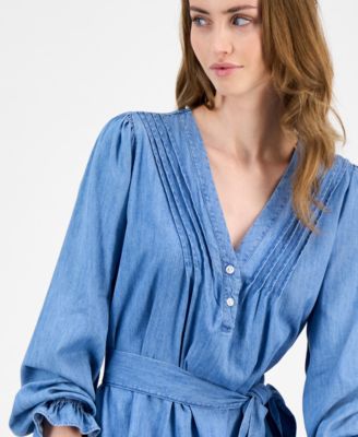 Women's Belted Ruffled Chambray Dress