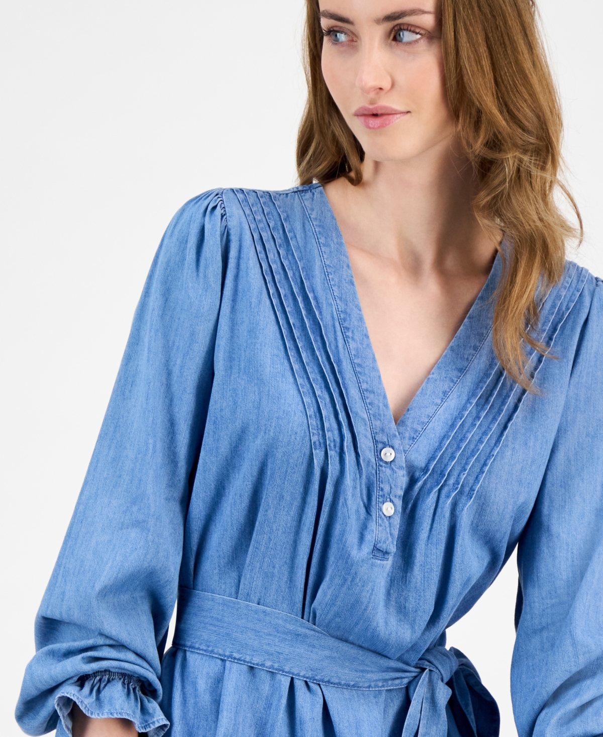 Tommy Hilfiger Women's Belted Ruffled Chambray Dress