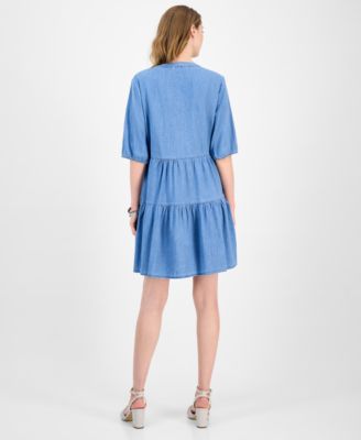 Women's V-Neck Tiered Chambray Dress