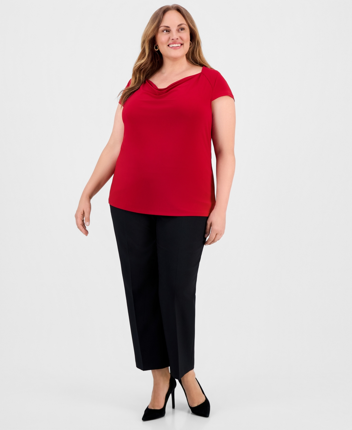 Kasper Plus Cowlneck Cap-Sleeve Top