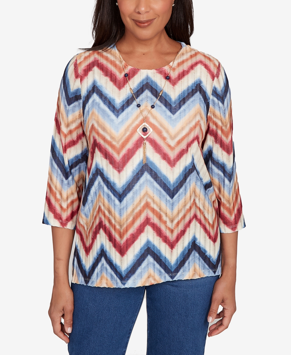 Alfred Dunner Women's Sunset Canyon Textured Knit Chevron Top with Necklace
