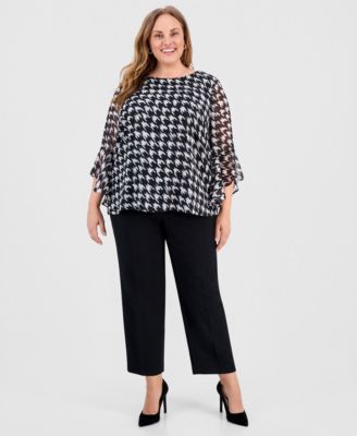 Women's Plus Size Houndstooth Ruffle Sleeve Top