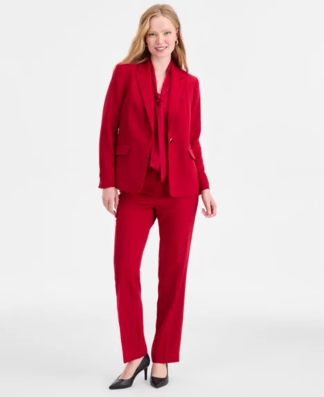 Women's Stretch Crepe One-Button Jacket, Tie Neck Sleeveless Top, & Straight Leg Pant - None