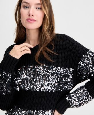Women's Sequin Stripe Crewneck Sweater, Macy's Exclusive
