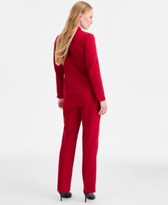 Kasper Womens Stretch Crepe One Button Jacket Tie Neck Sleeveless Top Straight Leg Pant In Red