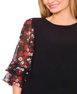 Women's Double Ruffle 3/4 Sleeve Mixed Media Top