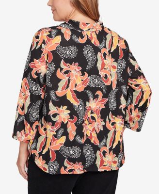 Plus Size Shirt Collar Floral Paisley Button Front Top