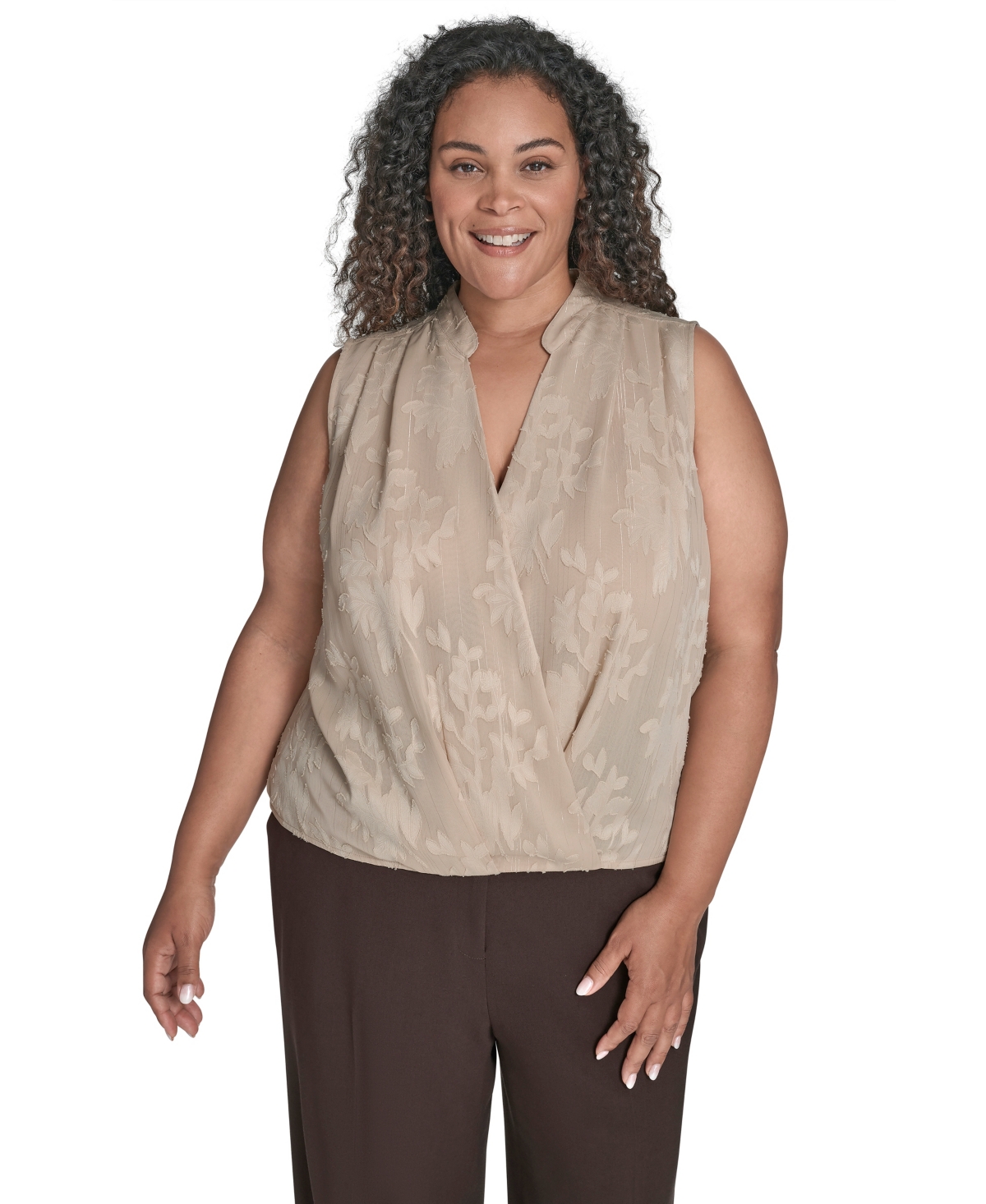 Calvin Klein Plus Size Printed Faux-wrap Sleeveless Blouse In Brown