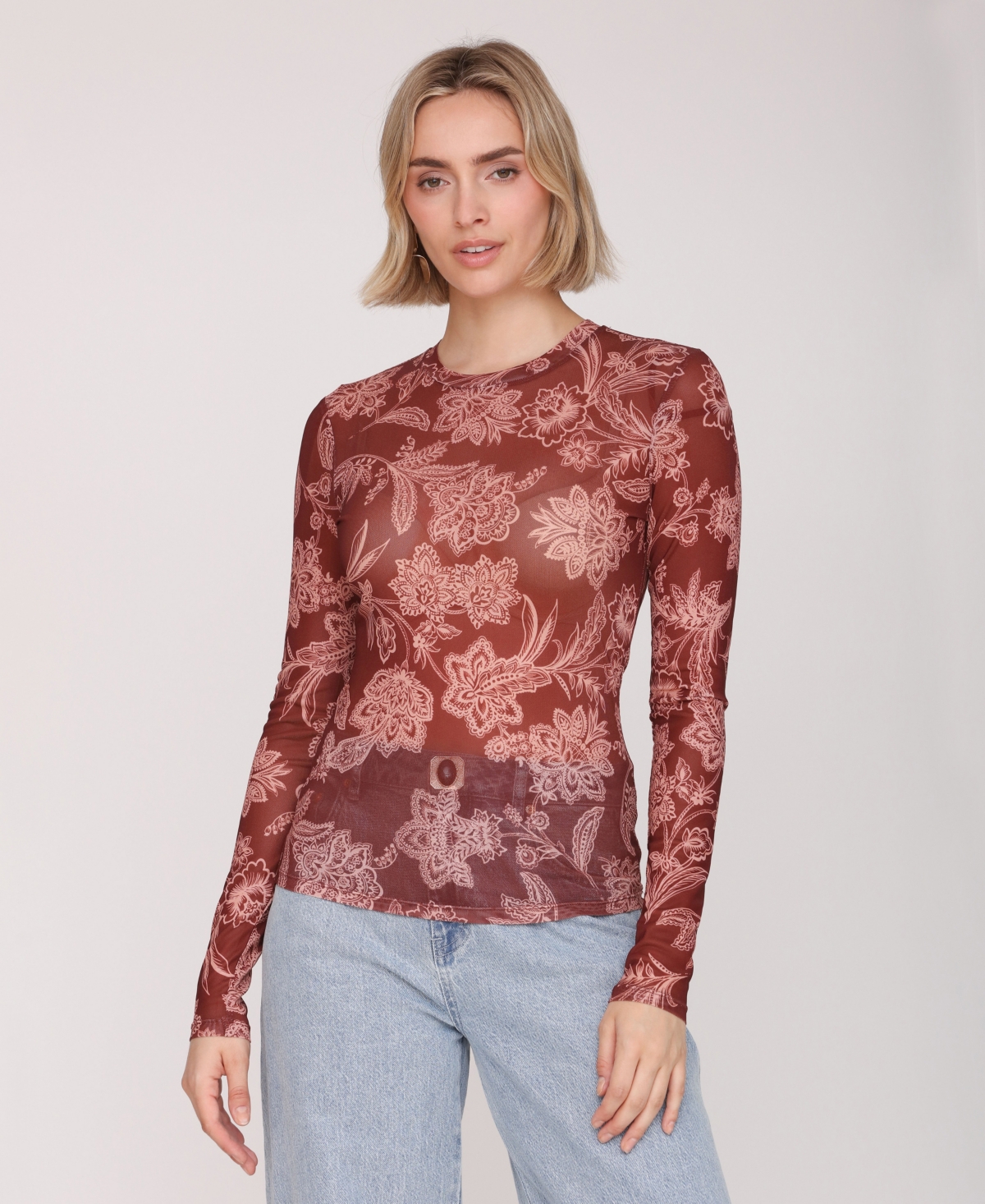 Avec Les Filles Women's Mesh Crew Neck Long Sleeve Top