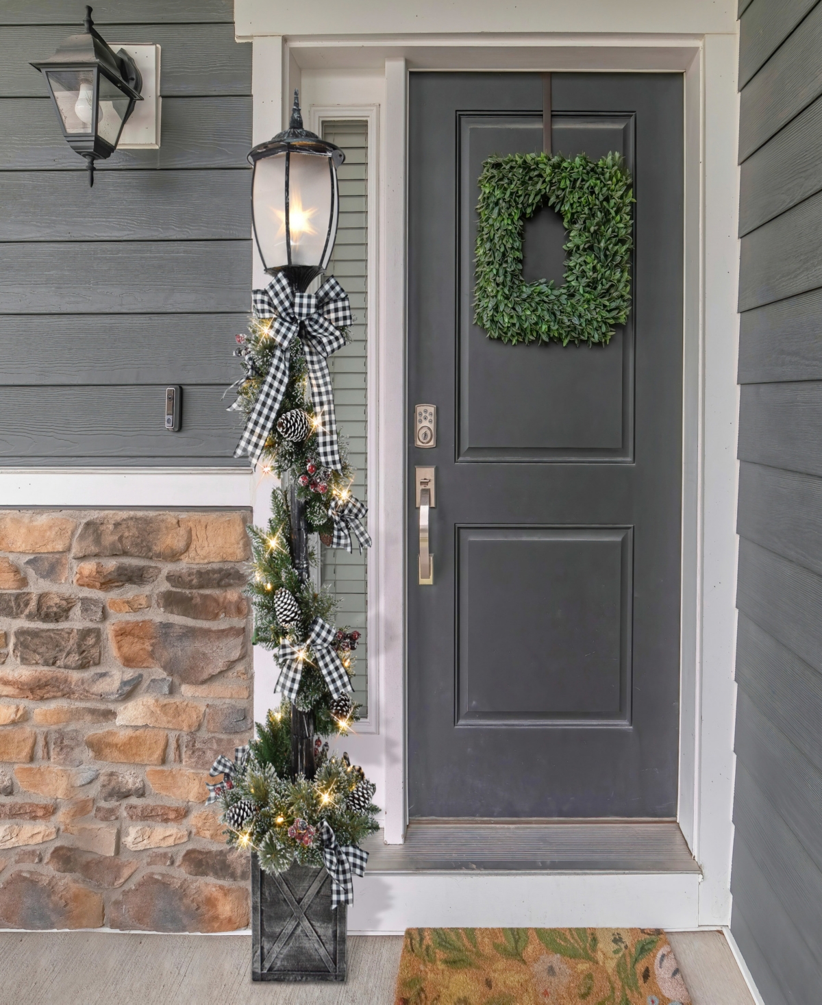 Puleo 7' Pre-lit Artificial Adorned Lamp Post With Branch Tips And Led Lights In Green