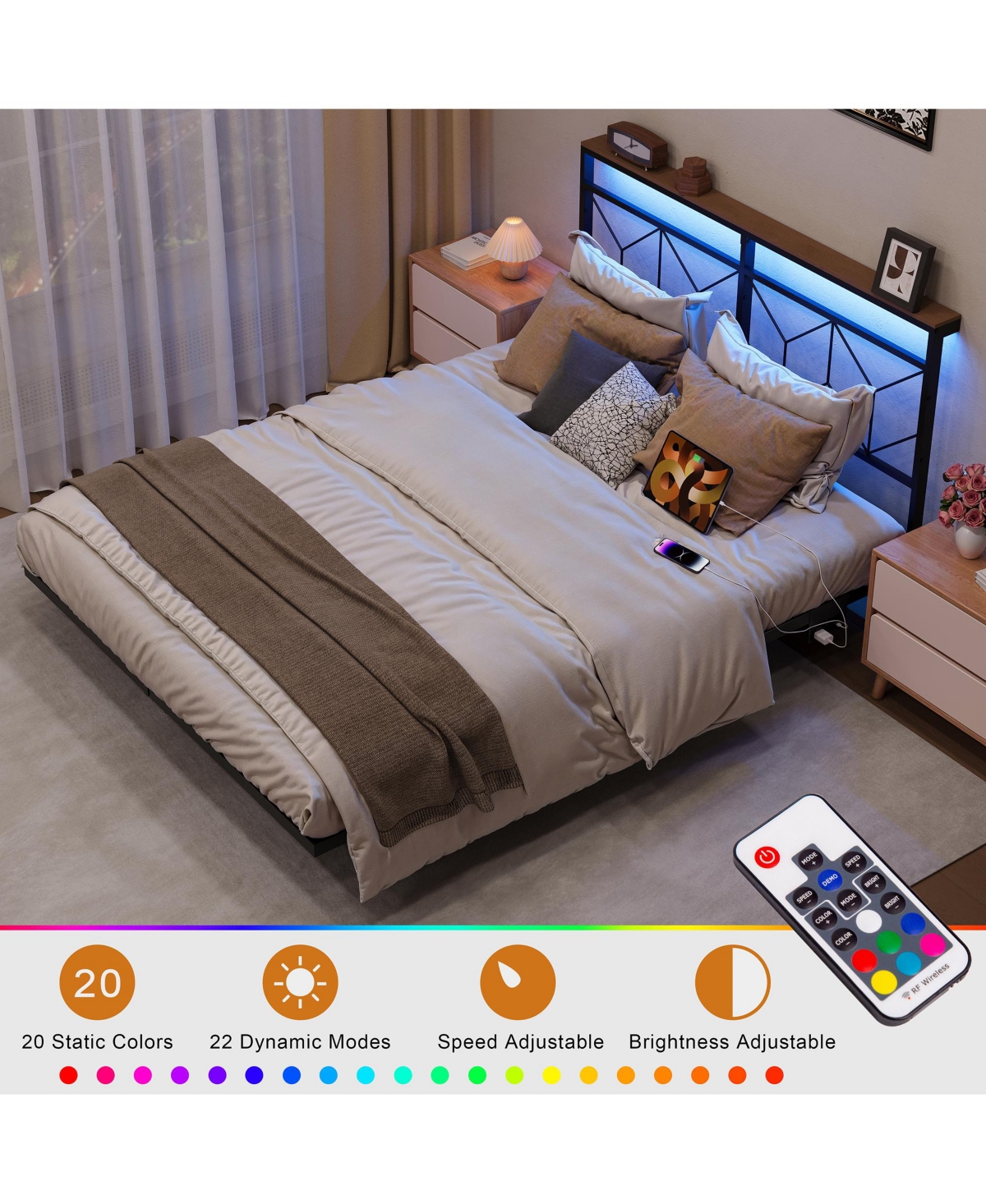 Hausource Queen Size Floating Bed Frame with Led Headboard & Charging Station No Box Spring Needed