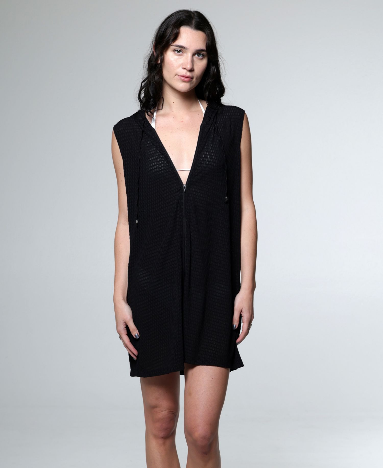 Women's Marina Checkered Hooded Zip-Front Sleeveless Swim Cover-Up