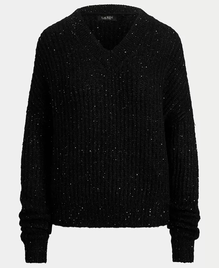 Women's Sequined Rib-Knit V-Neck Sweater - thumbnail 5