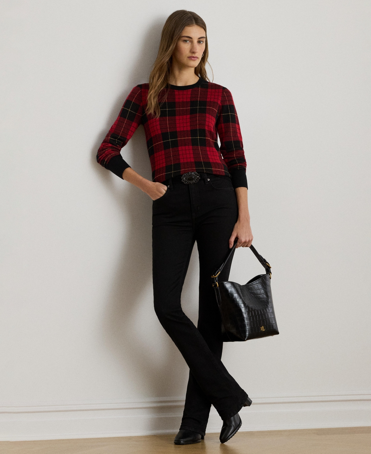 Ralph Lauren Plaid Cotton-blend Sweater In Red