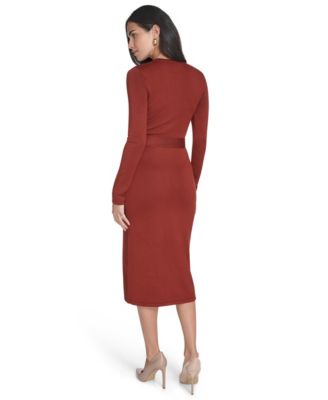 Women's Long Sleeve Belted Midi Dress