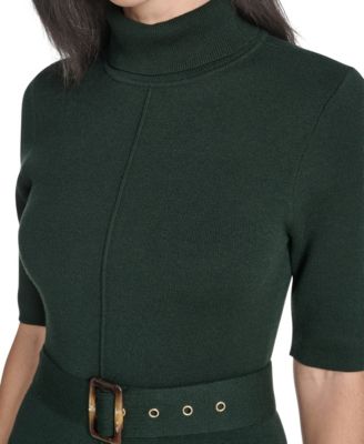 Women's Turtle Neck Elbow Sleeve Belted Dress