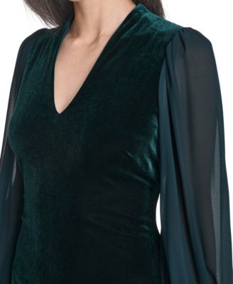 Women's V-Neck with Chiffon Sleeve and Back Yoke Bodycon Dress