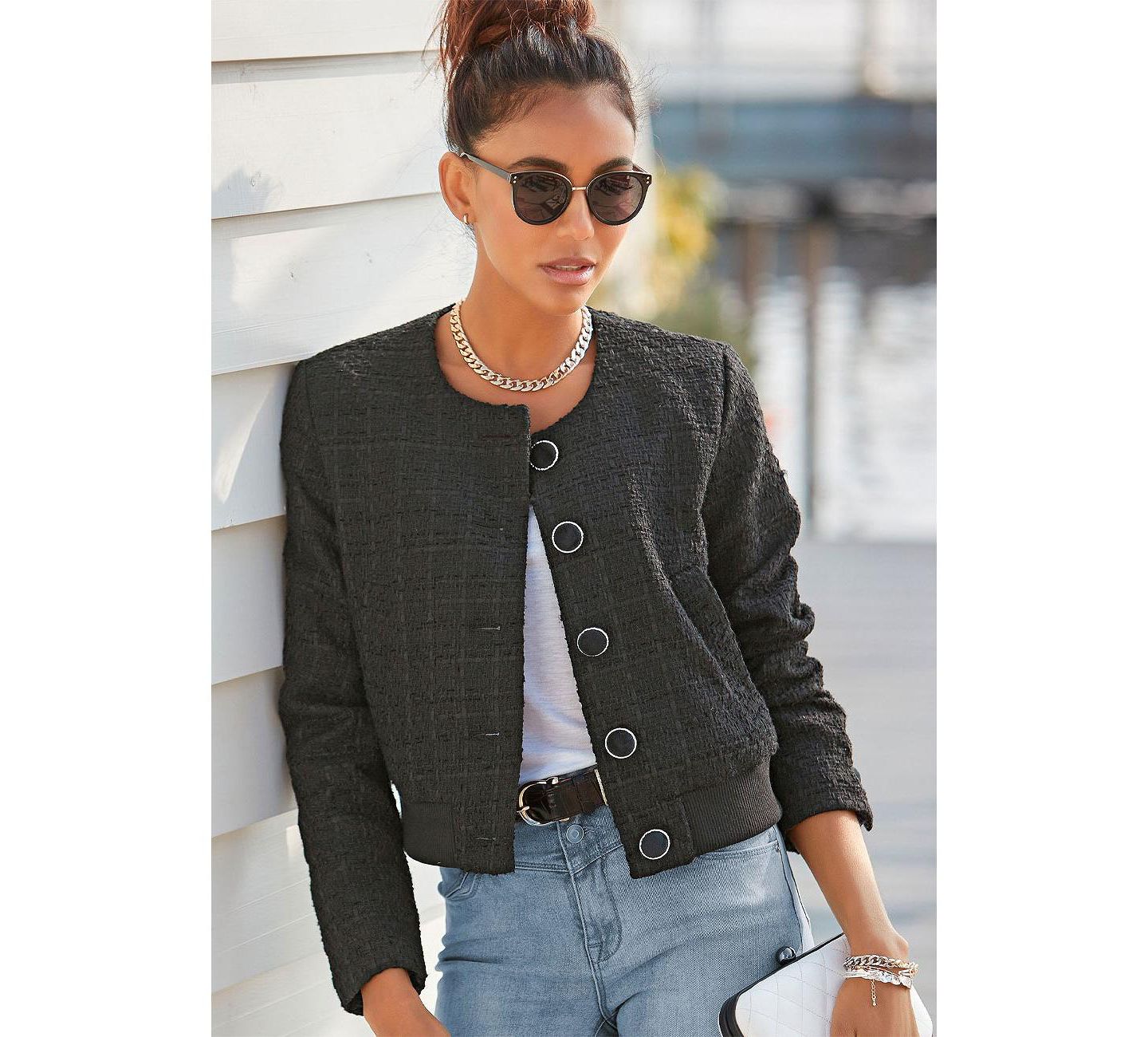 Женская куртка LASCANA Round Neckline Tweed with Pockets, цвет: Bk — фото 2