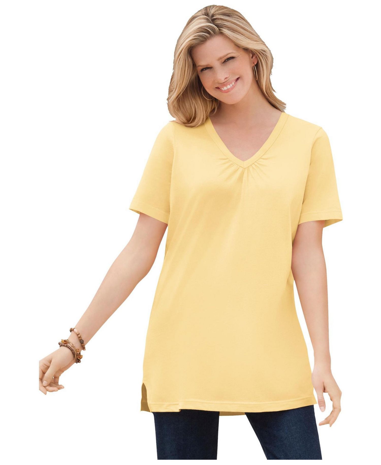Plus Size Perfect Short-Sleeve Shirred V-neck Tunic