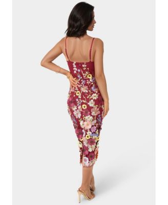 Women's 3D Floral Strappy V Midi Dress