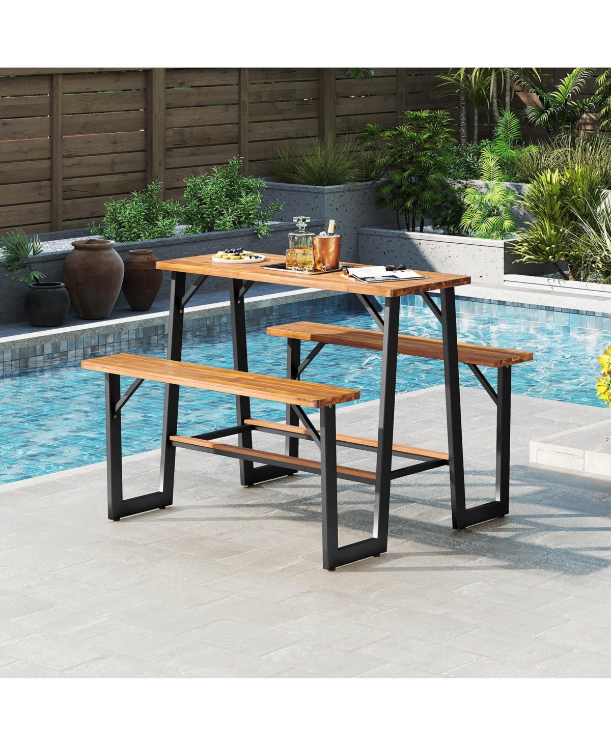 Patio Picnic Table Bench Set with Acacia Wood Tabletop Benchtop Built-in Footrests