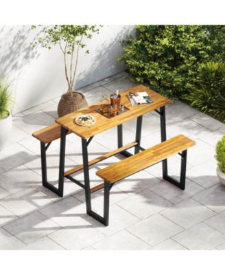 Patio Picnic Table Bench Set with Acacia Wood Tabletop Benchtop Built-in Footrests