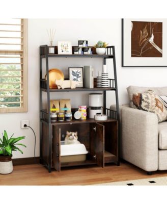 Cat Litter Box Enclosure with Storage Shelves Scratching Pad Charging Station