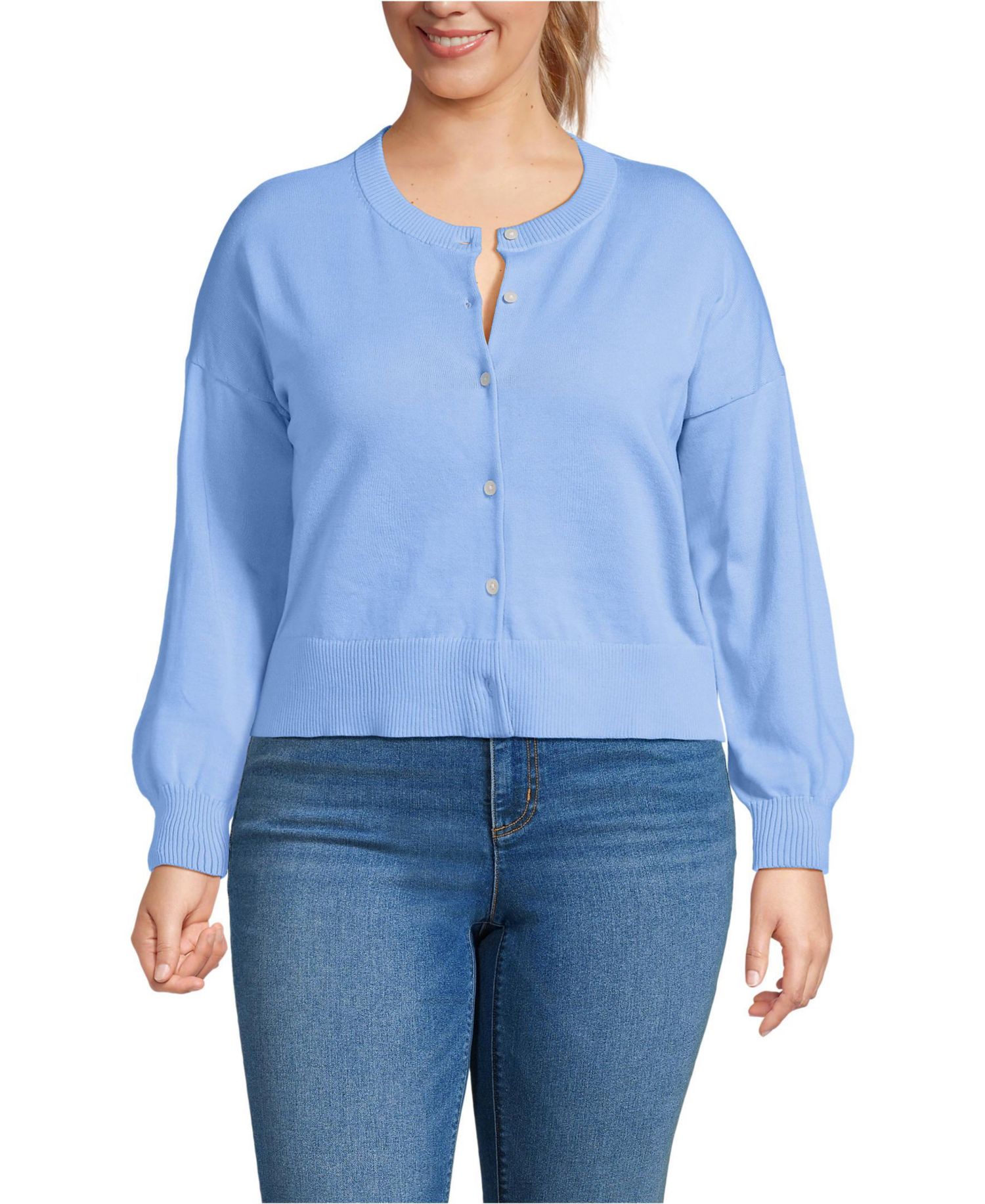 Plus Size Modern Length Fine Gauge Crew Neck Cardigan Sweater