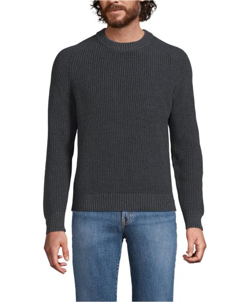 Мужской свитер Lands' End Cotton Drifter Saddle Crewneck Shaker, цвет: Тёмный угольный меланжевый