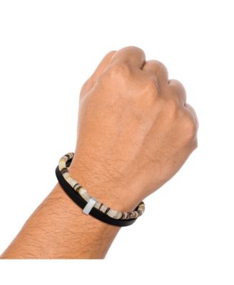 Mens Layered Bracelet with Wood Beads and Leather Strap - 8.5''