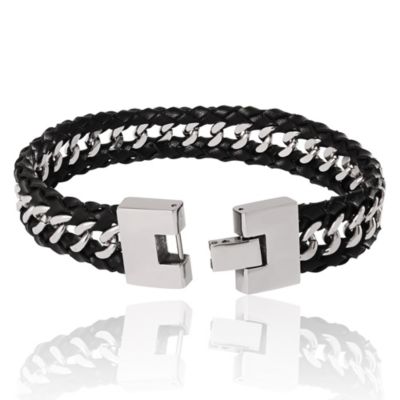 Braided Leather and Chain Overlay Bracelet - 8.5''