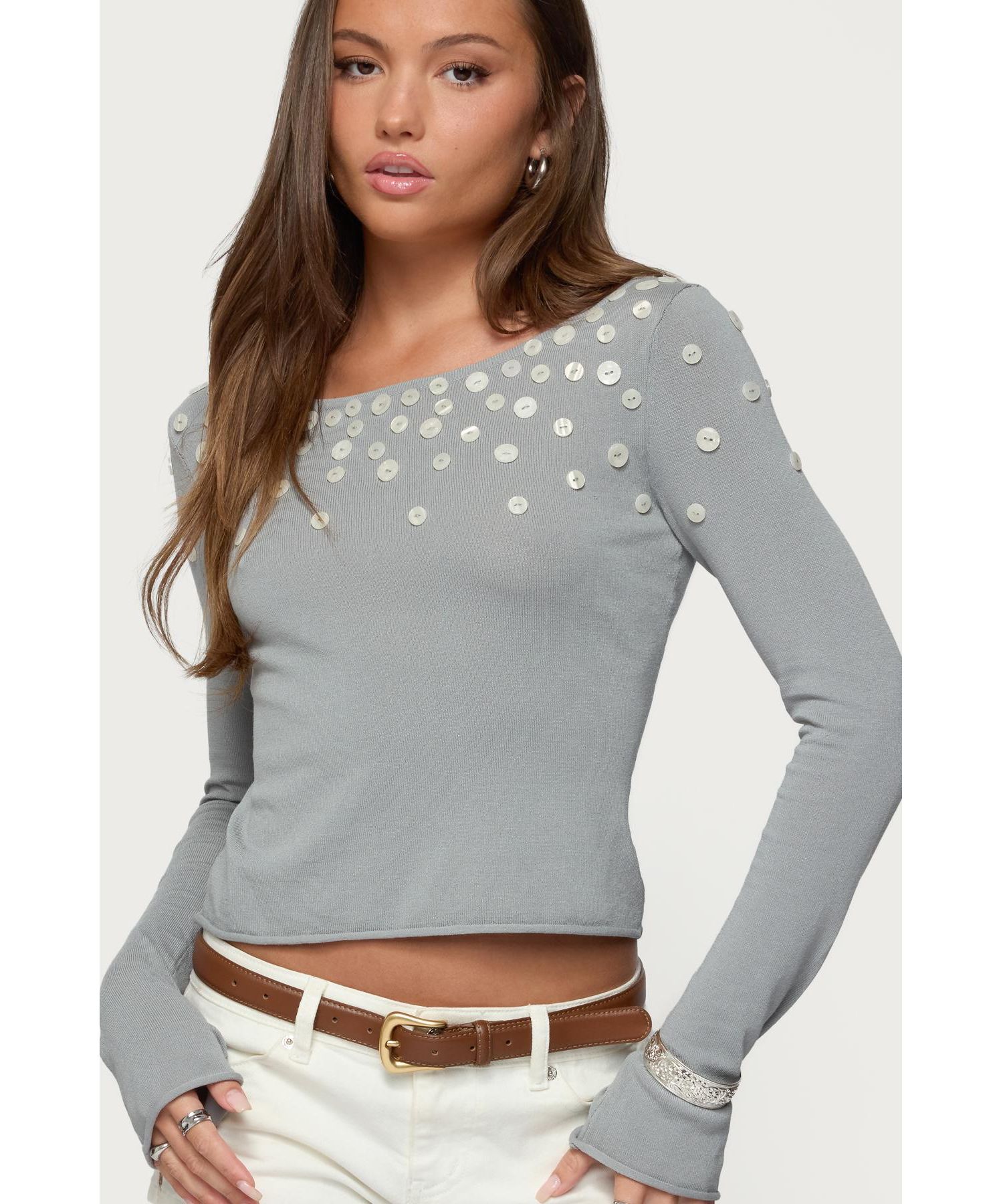 Womens Iridescent Button Boat Neck Top