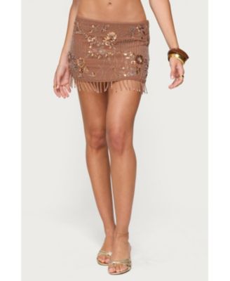 Women's Sheer Sequin Bead Fringed Mini Skirt