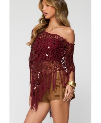 Women's Fringe Sequin Crochet Poncho