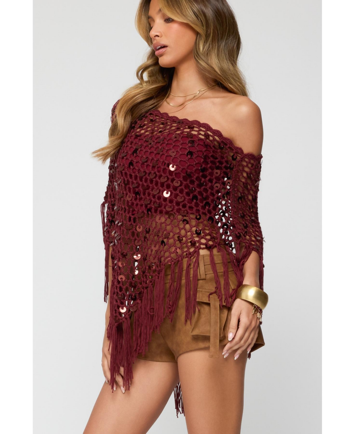 Edikted Women's Fringe Sequin Crochet Poncho