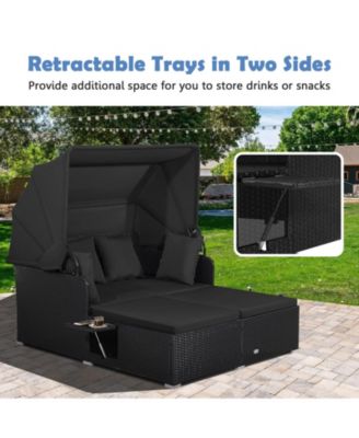 Patio Rattan Daybed Lounge Retractable Top Canopy Side Tables Cushions Outdoor