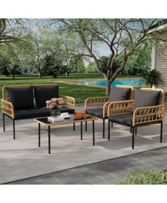 4 Pieces Patio Furniture Sets Wicker Outdoor Patio Table and Chairs Set with Glass Side Table, Loveseat Chairs, Boho Rattan Conversation Sets for Bistro, Apartment, Backyard, Porch, Black
