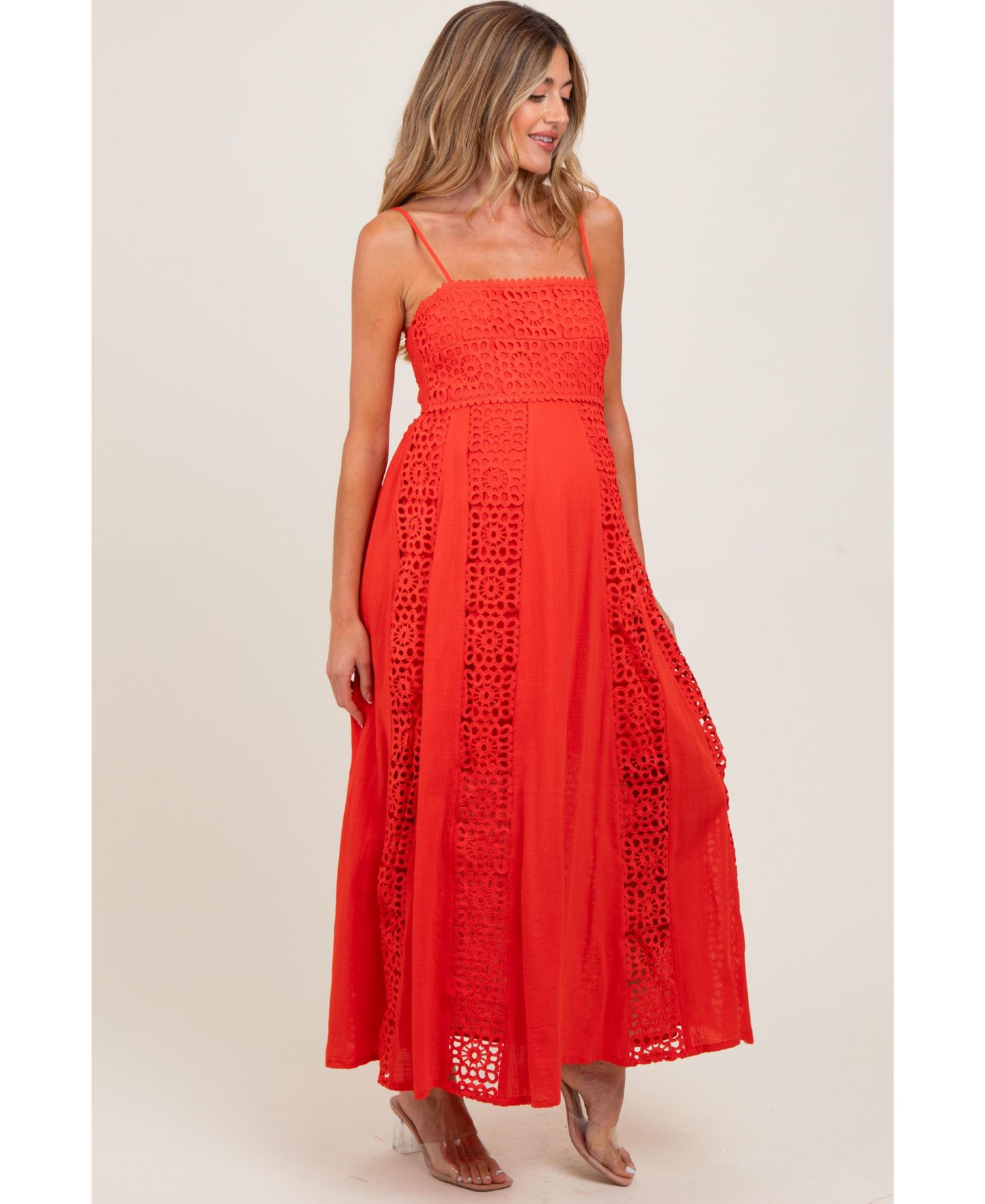 Women's Coral Red Crochet Lace Paneled Maxi Dress