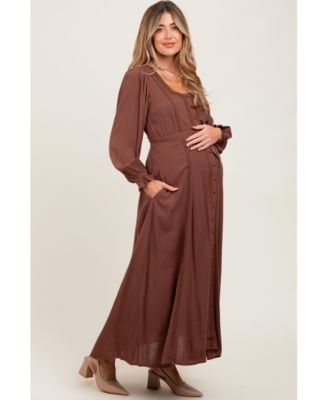 Brown Lace Detail Button Down Maternity Maxi Dress