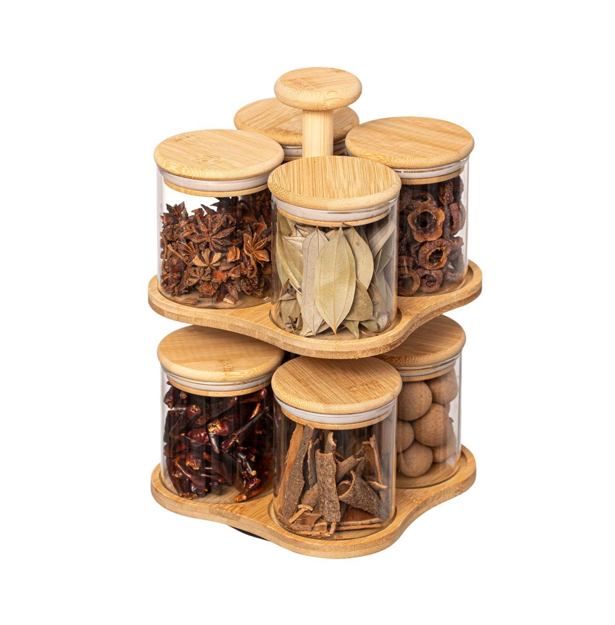 Basicwise Minimalist Two-Tier Bamboo Lazy Susan Turntable with 8 Pcs 12 oz Airtight Lid Glass Jars, Versatile Spice Rack Organizer, Perfect for Kitche
