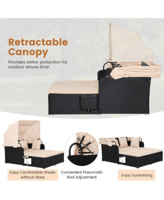 Patio Rattan Daybed Lounge Retractable Top Canopy Side Tables Cushions