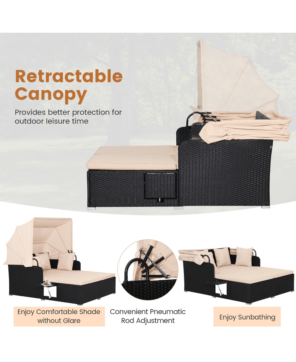 Gymax Patio Rattan Daybed Lounge Retractable Top Canopy Side Tables Cushions