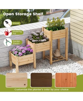 3-Tier Wooden Garden Bed Elevated Planter w/ 3 Planter Boxes, Open Storage Shelf