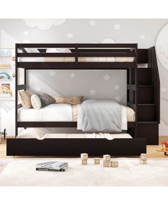 Twin over Twin Wooden Bunk Bed w/ Trundle Storage Stairs Convertible