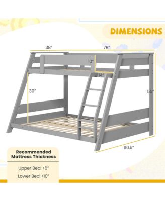 Twin Over Full Low Bunk Bed Solid Wooden Floor Bunk Bed w/ Reversible Ladder White