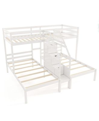 Wooden Twin Over Twin & Twin Bunk Bed w/ 4-Step Storage Staircase Guardrail