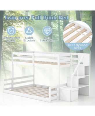 Twin Over Full Low Bunk Bed w/ Storage Stairs w/ Full-length Guardrails