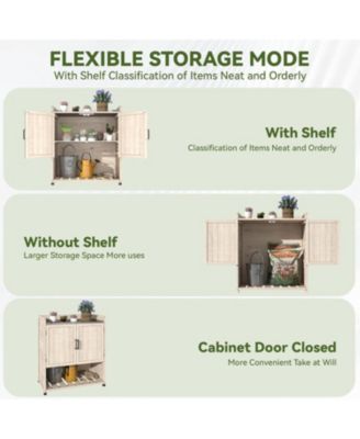 Potting Bench, Outdoor Wooden Storage Cabinet with Adjustable Shelf, Metal Tabletop